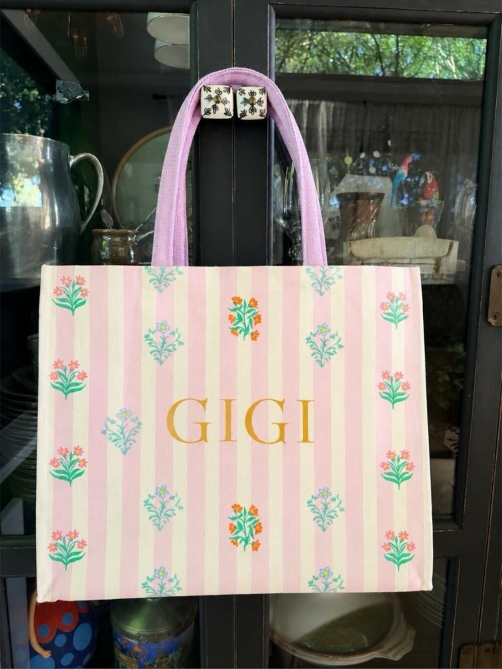 Cotton Canvas Gigi Tote With Beautiful Floral and Stripe Design - Made in India